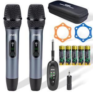 AFUOO Wireless Microphone Set for Singing, Speech & Karaoke, 2.4GHz Dual-Mic Receiver, 200ft, Storage Bag Included, Metal Cordless Mic 2 Pack for Karaoke Machines, PA Systems, PartyBox, Gray-Blue