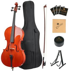 Cecilio 3/4 Size Cello, Beginner Cello 3/4, Acoustic Cello Set with Portable Bag, Bow, Rosin, Stand, String Musical Instruments for School Orchestras, Performances