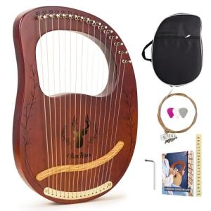 VixxNoxx Lyre Harp, 16-String Mahogany Lyra Harp Kit, Stringed Musical Instruments with Tuning Wrench Bag Instructions Extra Strings for Beginners Adults