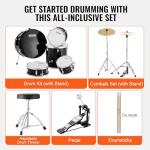 VEVOR Adult 5-Piece Drum Set, 22 Inches Complete Full Size Kit with Bass, Toms, Snare, Floor, Adjustable Throne, Stands, Cymbal, Hi-Hat Pedal and Drumsticks, Black