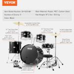VEVOR Adult 5-Piece Drum Set, 22 Inches Complete Full Size Kit with Bass, Toms, Snare, Floor, Adjustable Throne, Stands, Cymbal, Hi-Hat Pedal and Drumsticks, Black