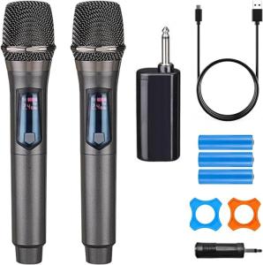 Wireless Microphone, Rechargeable Fixed Frequency Wireless Dual Microphone,Handheld Dynamic mic,Karaoke Singing, Weddings DJ,Party, Church, Classroom use, 200 feet, Gray.(2 Versions Randomly Shipped)