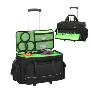 Large Rolling DJ Cable Bag, Green Padded Gig Bag with Detachable Trolley & Divider, 600D Oxford Music Gear Case with Multi Pockets for 15.6" Laptop, DJ Cables, Microphones, Sound Equipment Storage