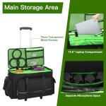 Large Rolling DJ Cable Bag, Green Padded Gig Bag with Detachable Trolley & Divider, 600D Oxford Music Gear Case with Multi Pockets for 15.6" Laptop, DJ Cables, Microphones, Sound Equipment Storage