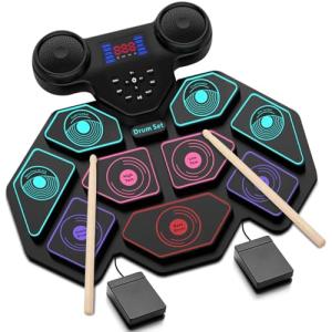 Electronic Drum Set - YUOIOYU Electric Drum Set Roll Up Portable Drum Kit MIDI Practice Drum Pad with Dual Built-in Speaker, Drum Sticks and Pedals, Christmas Birthday Gift for Kids Adult