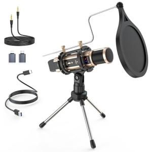 ZealSound Studio Recording Microphone, Condenser Broadcast Microphone w/Stand Built-in Sound Card Echo Recording Karaoke Singing for Phone Computer PC Garageband Smule Live Stream & YouTube (Gold)