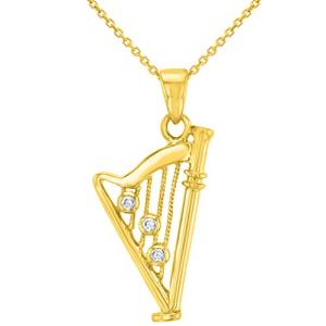Jewelry America Solid 14K Yellow Gold CZ Harp Charm Musical Instrument Pendant Necklace, 16"