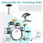 EASTROCK Drum Set, 5 Piece 16" Junior Drum Sets, Youth,Drummer, Beginner Drum Set for 7-12 Years Old with Throne,Cymbal,Pedal,Drumsticks（Gray）