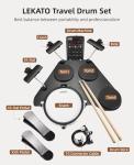 LEKATO CPD-1000 Electronic Drum Set with Quiet Mesh Pads, Portable Electric Drum Set, 220+ Sounds, USB MIDI, 2 Robust Footswitch, Sticks, Travel Bag