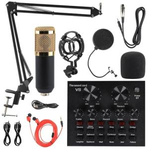 MorTime Condenser Microphone Bundle, Live Sound Card, Adjustable Boom Arm, Shock Mount, Metal Mic Pop Filter, Sponge Pop Filter Cover, Earphone, Audio Cables and Power Cable, Set of 11 Mic Kit