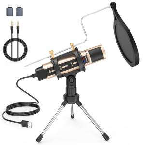 ZealSound Microphone,USB&3.5mm Mic W/Type-C Adapter for i-Phone Computer Phone,Condenser Microphone with Echo Volume,Tripod Stand,Pop Filter,for ASMR Video Recording Streaming Discord Twitch