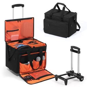 LUCKUP DJ Cable Organizer Bag with Wheels, Detachable Trolley System, 900D Water-Resistant DJ Equipment Storage Organizer with Padded Dividers Laptop Compartment for Musicians, Audio Engineers