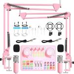 Podcast Equipment Bundle for 2: Audio Interface & DJ20 Mixer with XLR Mic, Voice Changer, 2400mAh Battery for Podcasting, TikTok Live Streaming, and Gaming (Pink)