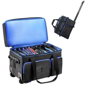 DJ Cable Organizer Bag with Wheels,Soft Gig Bag for DJ Equipment with 9 Detachable Dividers, Padded Multi-Pocket Storage Case for Microphone, Cord, Headset & Music Accessories