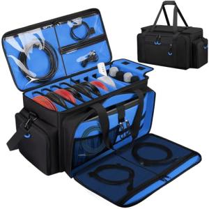 Wigojoy Large Dj Cable Bag with Laptop and Microphone Pocket, Dj Bag for Equipment and Music Accessories with Detachable Dividers, Bottom Pad, Dj Gig Bags for Musicians, Professional, Travel, Blue