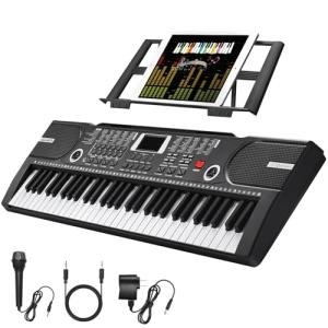 61 Key Keyboard Piano, Portable Electronic Keyboard Piano for Beginners with Speakers, Microphone, Sheet Music Stand, 100 Voices, 100 Rhythms, Digital Music Keyboard Built-In Speakers - Black