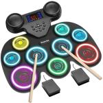 Electric Drum Set with 7-Color Dynamic LED Lights, 9-Pad Electronic Drum Set with Dual Speakers, Bluetooth MIDI, Portable Practice Drum Pad for Kids & Adult Beginners, Christmas Birthday Gift
