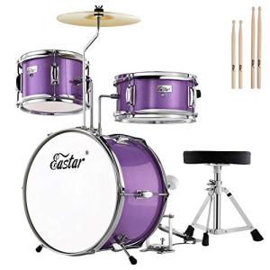 Eastar Drum Set 14 inch for Beginners,3 Piece Junior Drum Kit with Bass Tom Snare Drum,Adjustable Throne, Cymbal, Pedal & Two Pairs of Drumsticks, Metallic Purple