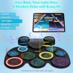 Electric Drum Set with 7-Color Dynamic LED Lights, 9-Pad Electronic Drum Set with Dual Speakers, Bluetooth MIDI, Portable Practice Drum Pad for Kids & Adult Beginners, Christmas Birthday Gift