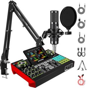 Podcast Equipment Bundle with 3.5mm Condenser Microphone for Pc/Phone Live Streaming Singing Gaming, Podcast Microphone Bundle with Live Sound Board Audio Mixer Denoise,DJ Sets