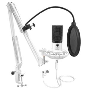 FIFINE USB Recording Microphone Kit, Studio Condenser Microphone for Vocals Music Creation, Voice-Over, Singing with Metal Boom Arm, 16mm Diaphragm, Podcast Mic Set-T669 White