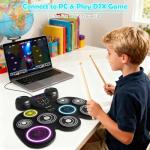 Electric Drum Set with 7-Color Dynamic LED Lights, 9-Pad Electronic Drum Set with Dual Speakers, Bluetooth MIDI, Portable Practice Drum Pad for Kids & Adult Beginners, Christmas Birthday Gift