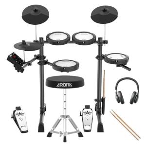 AROMA TDX-18 Electronic Drum Set with 4 Quiet Mesh Drum Pads, 2 Switch Pedal, Portable and Solid Drum Set with, Bluetooth, Drum Throne, Headphones and Sticks