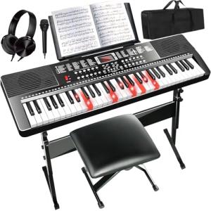 AQNIEGEP 61 Key Electric Keyboard Piano for Beginners w/Light-Up Keys, Christmas Gifts, Full Set: Stand, Bench, Headphones, Padded Bag, Note Stickers, 70 Demos, 200 Rhythms/Tones, LED Display