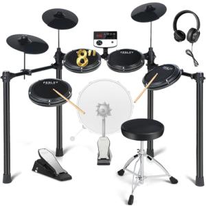 Fesley Electric Drum Set: 5 Drums 3 Cymbals with 4 Quiet Mesh Drum Pads, Electronic Drum Set for Beginner Adult, E Drum Kit with Throne, Headphone, Drumsticks, USB MIDI, Intelligent Sound Module