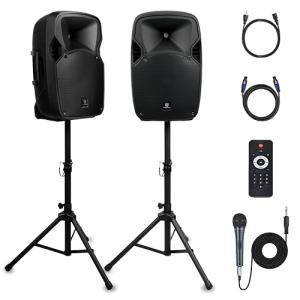 PRORECK Party 12 12-Inch 1800W 2-Way Powered PA Speaker System Combo Set with Bluetooth/USB Drive/SD Card/FM/Remote Control/Speaker Stands for Indoor, Outdoor DJ Parties, Personal Gatherings, Karaoke