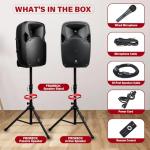 PRORECK Party 12 12-Inch 1800W 2-Way Powered PA Speaker System Combo Set with Bluetooth/USB Drive/SD Card/FM/Remote Control/Speaker Stands for Indoor, Outdoor DJ Parties, Personal Gatherings, Karaoke