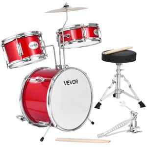 VEVOR Kids Drum Set, 3-Piece 14 in Junior Drum Sets, Beginner Drums Set with Adjustable Throne, Cymbal & Two Pairs of Drumsticks, Musical Learning Drums Instruments Kit, for Children Ages 6-13 (Red)