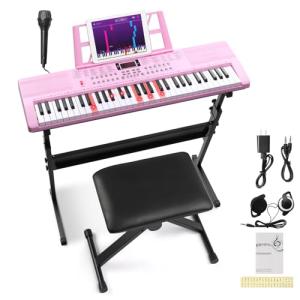 Ktaxon 61 Key Keyboard Piano Electric Keyboard w/Lighted Keys, Electric Piano Set with Headphones, Microphone, Music Rest, Power Adapter, Stand, Piano Bench and Manual (Full-Pink)
