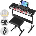 MUSTAR 61 Key Piano Keyboard, Electric Piano Keyboard with Lighted Up Keys, Learning Keyboards Piano for Beginners With Piano Stand, LCD Screen, Headphones, Microphone (Black with Stool)