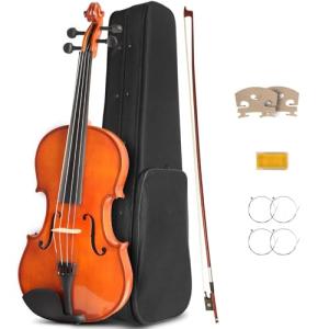 Ceciliec Acoustic Violin, 1/4 Full Size Violin Starter Kit for Beginners, Natural Varnish Fiddle Stringed Musical Instrument with Case, Bow, Rosin, Bridge, Extra Strings