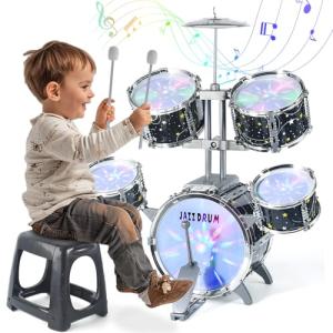 Kids Drum Set for Toddlers 1-3, Upgraded Jazz Drum Set for Kids, Musical Instrument Toys & Lights & All Plastic, Percussion Beginner kit for Boys Girls Toddlers Aged 3-5 5-7