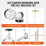 VEVOR Kids Drum Set, 14 in 3-Piece Beginner Drum Sets Junior Drums Set with Adjustable Throne, Two Pairs of Drumsticks, Cymbal, Pedal，Tom Snare Bass, Starter Drum Kit for Children, Black