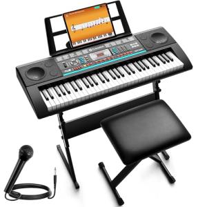 CAHAYA 61 Key Keyboard Piano – Electric Piano Set for Beginners with Stand & Stool, Microphone, Built-In Speakers, 128 Sounds & 128 Rhythms, Portable Electronic Keyboard