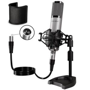 PROAR Studio Microphone, Professional Cardioid XLR Condenser Recording Mic Voice Over Kit with Desktop Stand for Music, Singing, Podcasting, and Vocal Streaming