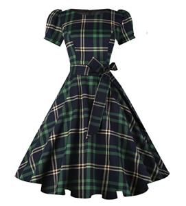 1950s Green Plaid Vintage Boatneck Cocktail Dress