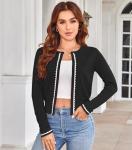 Trendy Cropped Color Block Black Cardigan for Women