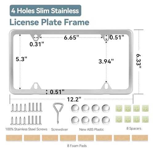 Ohuhu Slim Stainless Steel License Plate Frames, 2 Pcs