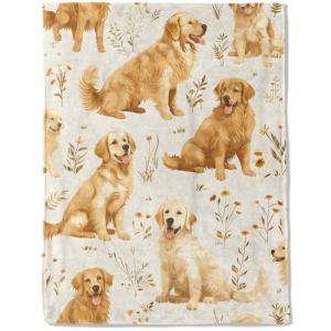 Golden Retriever Floral Flannel Throw Blanket 50x60in