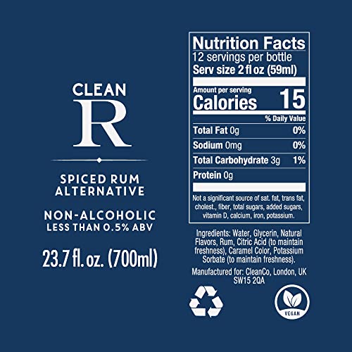 CleanCo Clean R Non-Alcoholic, Spiced Rum Alternative Spirit, Low Calorie | No Sugar, No Sweeteners | Spiced Rum Alternative | Vegan, Gluten-Free, 700ml / 23.7fl oz