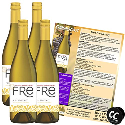 Fre Chardonnay Non-Alcoholic White Wine Experience Bundle with Chromacast Pop Socket, Seasonal Wine Pairings & Recipes, 12/750ML, 4-Pack
