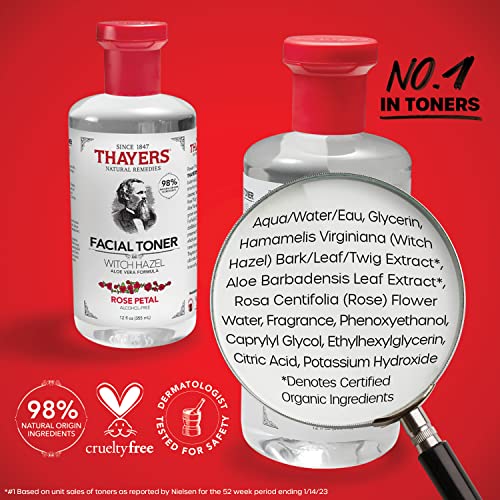 Thayers Alcohol-Free, Hydrating Rose Petal Witch Hazel Facial Toner with Aloe Vera Formula, Vegan, Dermatologist Tested and Recommended, 12 Ounce