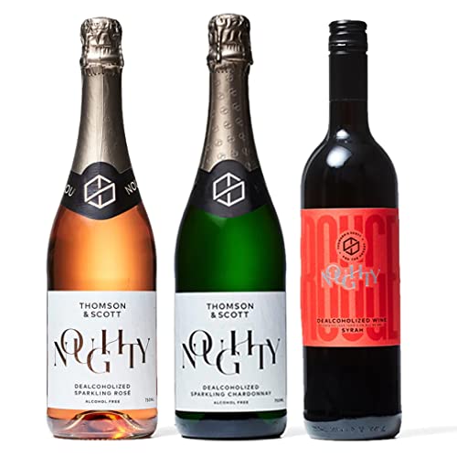 Thomson & Scott Noughty Non-Alcoholic Wine Sampler Bundle, Dealcoholized Rouge (Red Wine), Sparkling Chardonnay and Sparkling Rose, 750 ml each