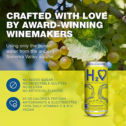 H2O (New Vintage) The World’s First California Wine-Infused Sparkling Refreshment, 0.0% Non-Alcoholic, (Sauvignon Blanc, Pack of 12 - 16 Fl oz Can)