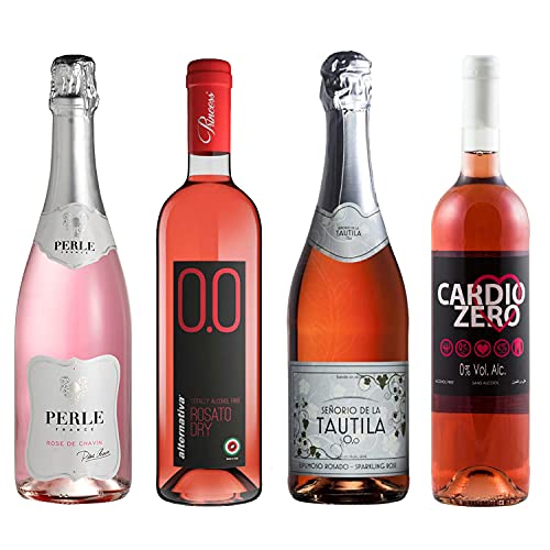 Non-Alcoholic Rose Wine Sampler - Four (4) Non-Alcoholic Wines 750ml Each - Pierre Chavin Perle Rose, Elivo Cardio Zero Rose, Tautila Espumoso Rosado, Princess Rosato Dry (France, Italy, Spain)