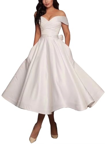 Satin Off-The-Shoulder Tea Length Bridal Gown
